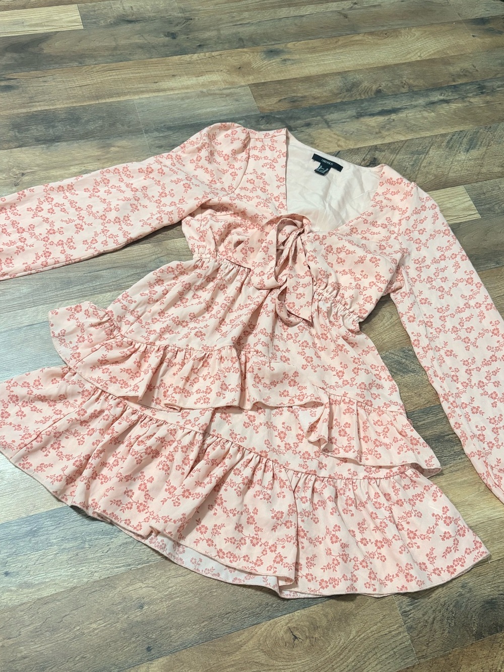 Forever 21 XS Blush Pink Floral Ruffle Mini Dress Tie Front Cottagecore